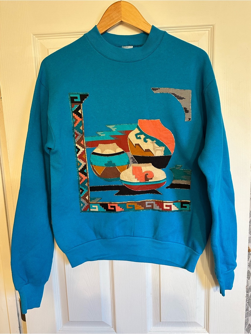 VTG Women’s Teal Fruit Of The Loom Crewneck Sweatshirt M Southwestern Pottery